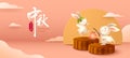 3D illustration of Mid Autumn Mooncake Festival theme with cute rabbit character on mooncake podium on paper graphic oriental clou